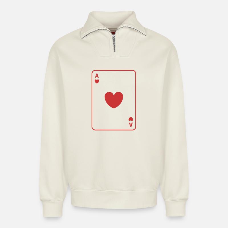 Rotes Herz-Ass - Relaxed Unisex Organic Half Zip Sweatshirt – von SPREAD - Naturweiß