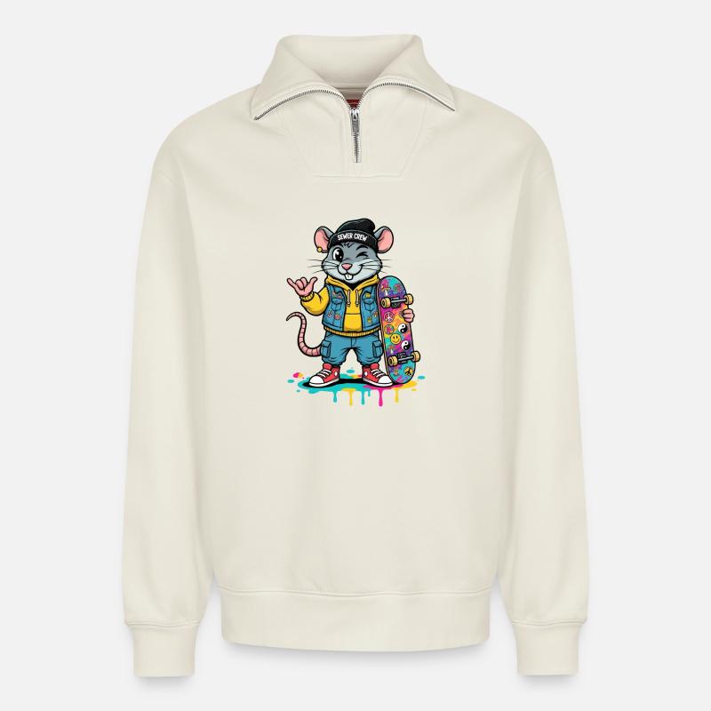 Ratten-Skater Sewer Crew - Relaxed Unisex Organic Half Zip Sweatshirt – von SPREAD - Naturweiß