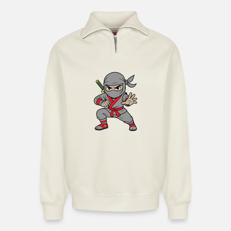 Grey Ninja Shadow Warrior - Relaxed Unisex Organic Half Zip Sweatshirt – by SPREAD - off white