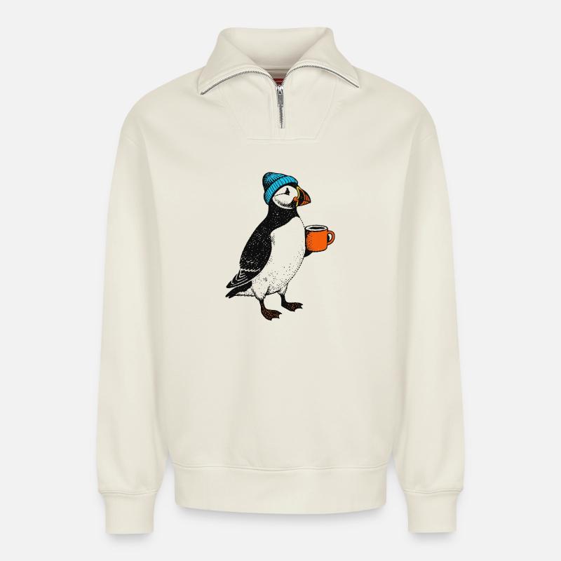 Macareux du café - Sweat unisexe décontracté en coton biologique à demi-zip – de SPREAD - blanc cassé