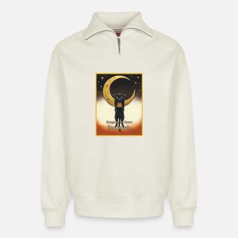 Barely Hanging Cat - Relaxed Unisex Organic Half Zip Sweatshirt – by SPREAD - off white