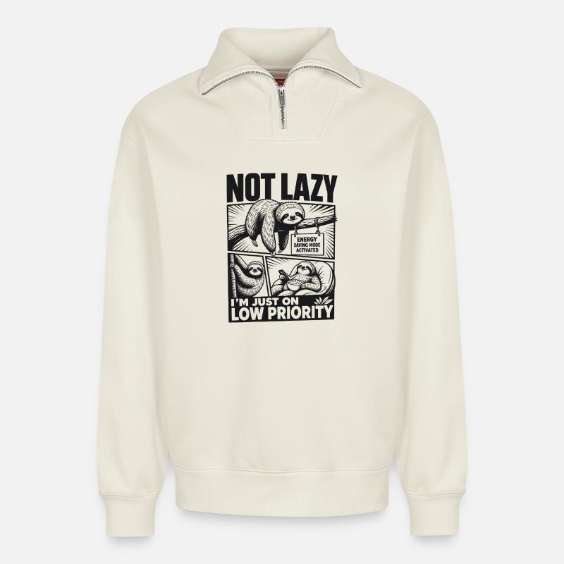 Not Lazy Low Priority Sloth - Relaxed Unisex Organic Half Zip Sweatshirt – by SPREAD - off white