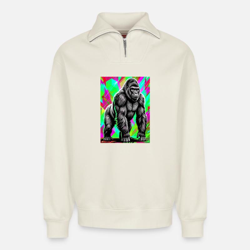 gorille - Sweat unisexe décontracté en coton biologique à demi-zip – de SPREAD - blanc cassé