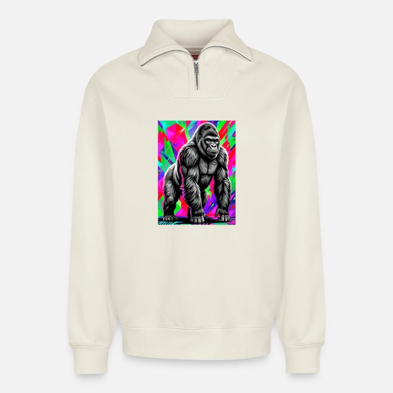 gorilla - Relaxed Unisex Organic Half Zip Sweatshirt – by SPREAD - off white