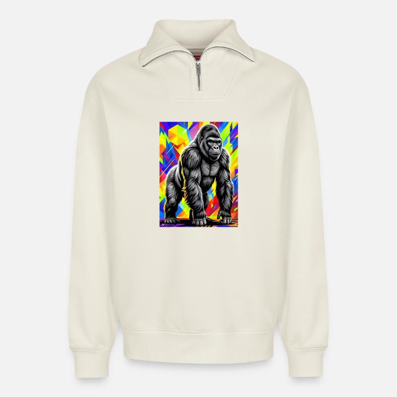 gorilla - Relaxed Unisex Organic Half Zip Sweatshirt – by SPREAD - off white