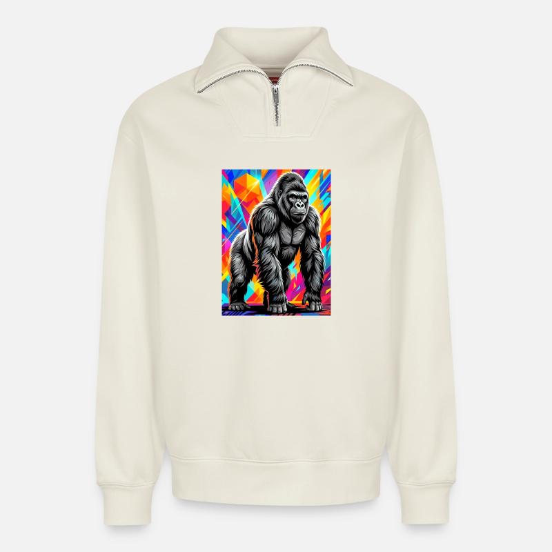 gorille - Sweat unisexe décontracté en coton biologique à demi-zip – de SPREAD - blanc cassé