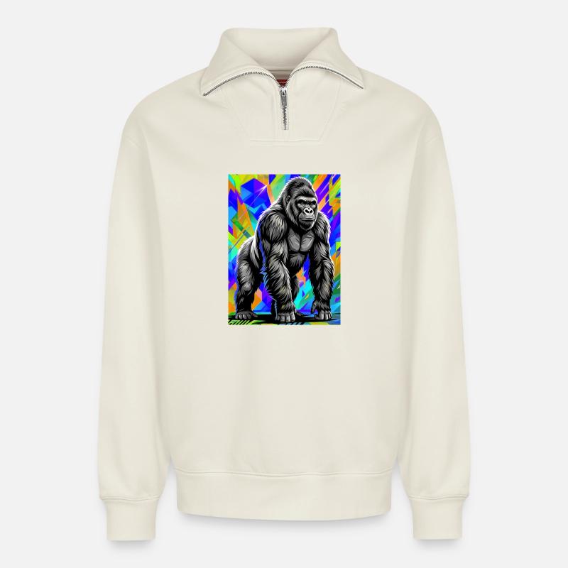 gorille - Sweat unisexe décontracté en coton biologique à demi-zip – de SPREAD - blanc cassé