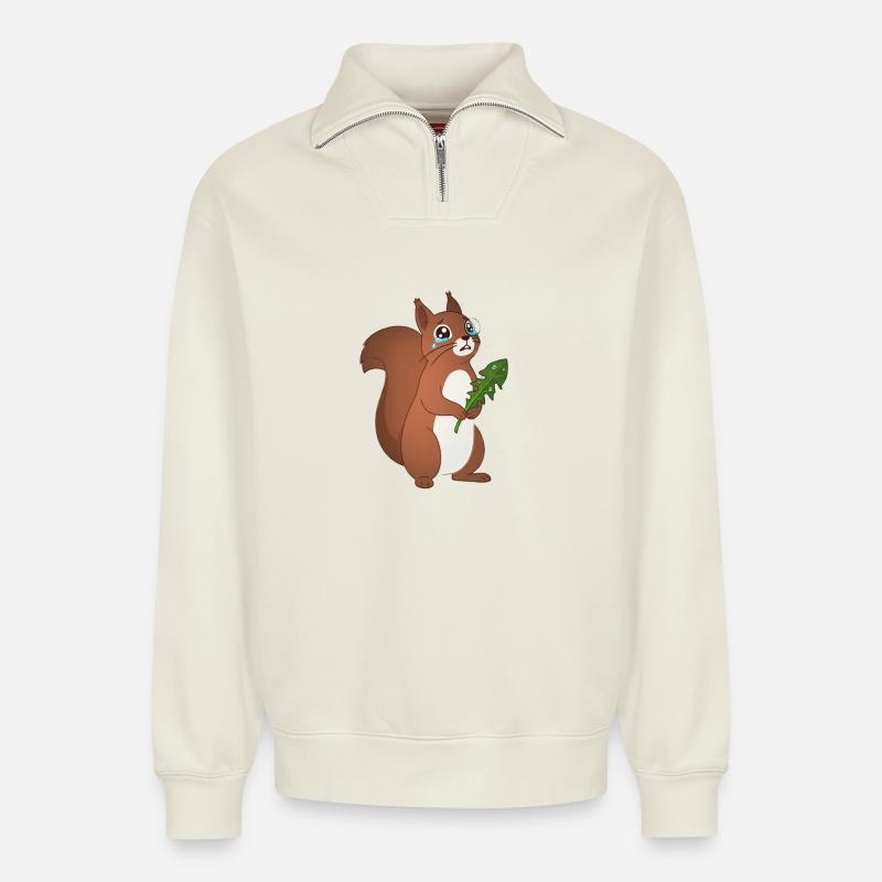 Heulendes Eichhörnchen mit einem Blatt - Relaxed Unisex Organic Half Zip Sweatshirt – von SPREAD - Naturweiß