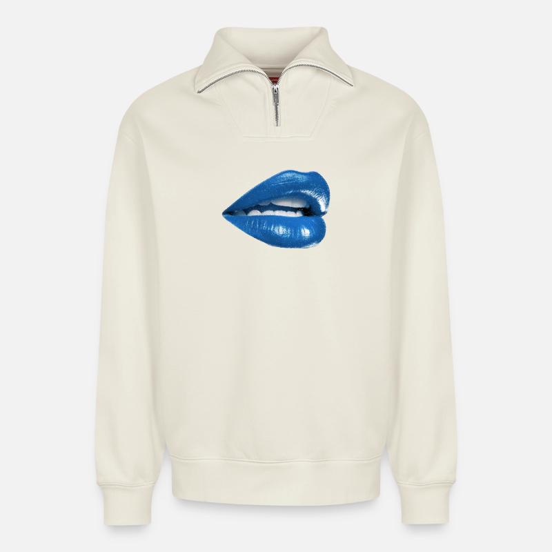 Bold Blue Lips Graphic - Relaxed Unisex Organic Half Zip Sweatshirt – by SPREAD - off white