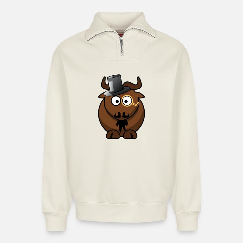 Caricature de buffle avec monocle - Sweat unisexe décontracté en coton biologique à demi-zip – de SPREAD - blanc cassé