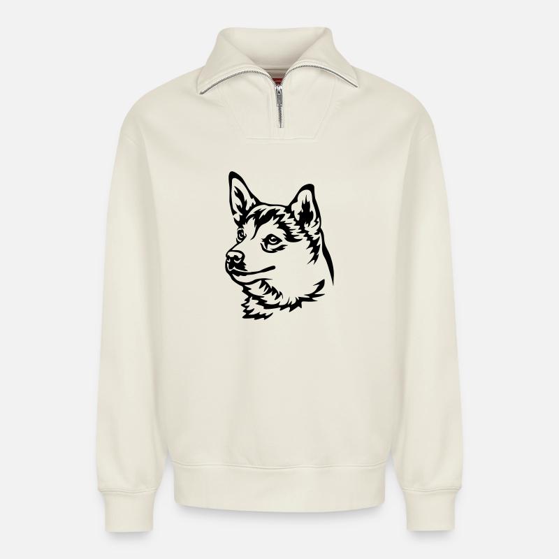 Norwegischer Lundehund Kopf - Relaxed Unisex Organic Half Zip Sweatshirt – von SPREAD - Naturweiß