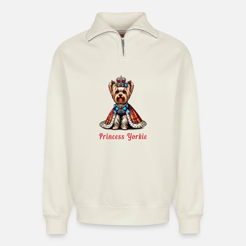 Princesse Yorkshire Terrier - Sweat unisexe décontracté en coton biologique à demi-zip – de SPREAD - blanc cassé