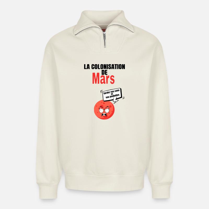 La colonisation de mars - Sweat unisexe décontracté en coton biologique à demi-zip – de SPREAD - blanc cassé