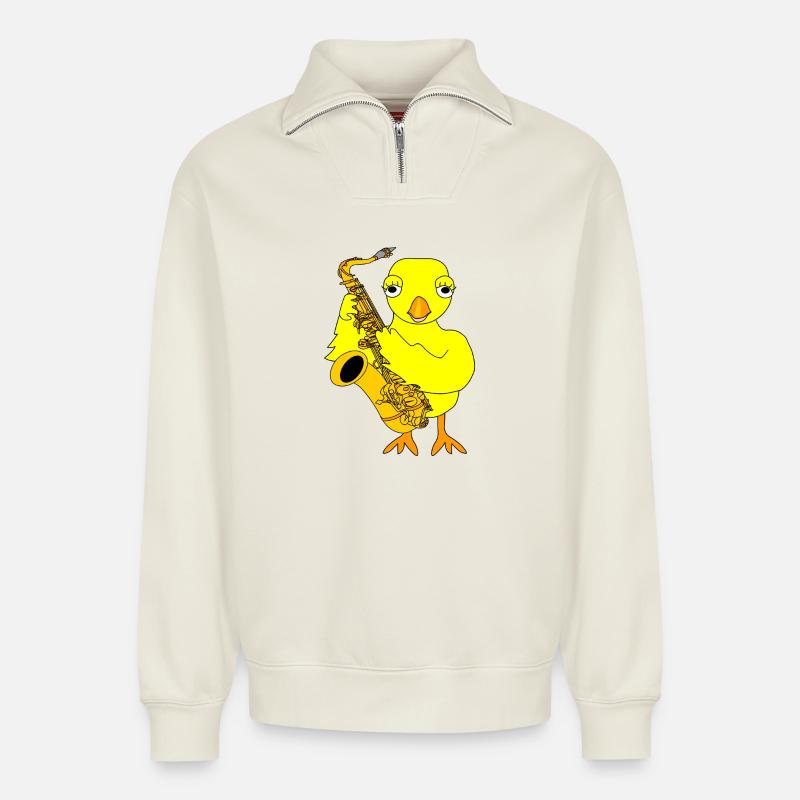 Saxophone Chick - Sweat unisexe décontracté en coton biologique à demi-zip – de SPREAD - blanc cassé