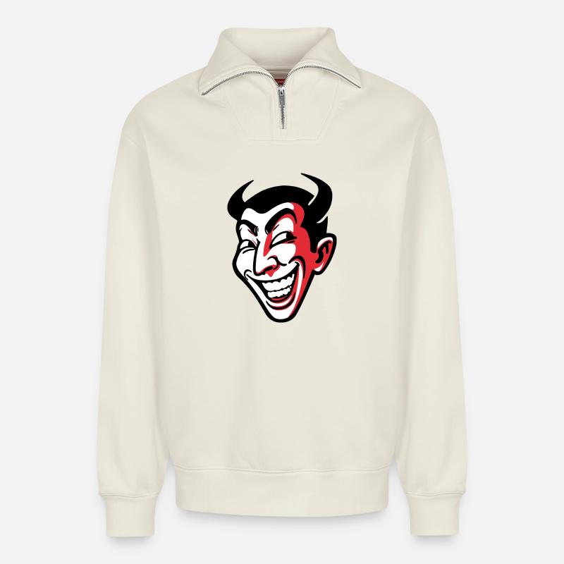 Expressive Smiling Comic Face Design - Relaxed Unisex Organic Half Zip Sweatshirt – by SPREAD - off white