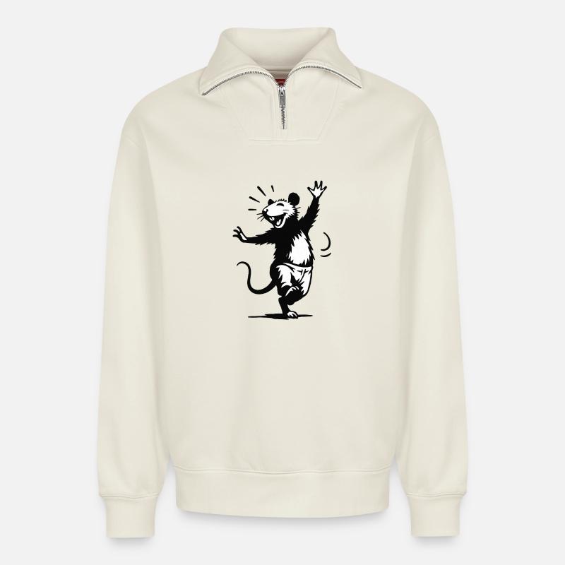 Moufette rieuse en danse - Sweat unisexe décontracté en coton biologique à demi-zip – de SPREAD - blanc cassé