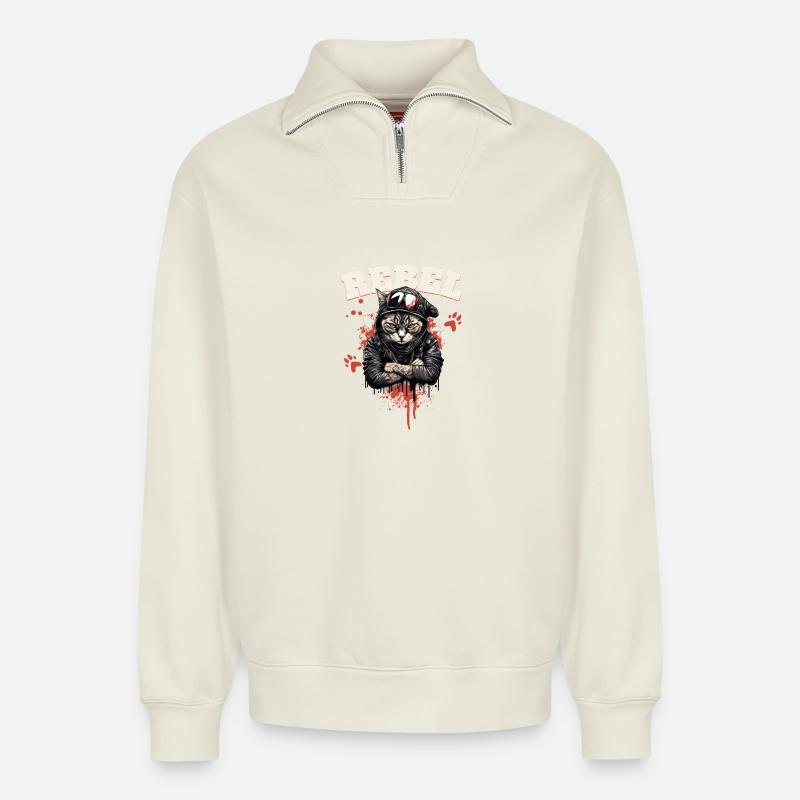Rebel Cat - Relaxed Unisex Organic Half Zip Sweatshirt – von SPREAD - Naturweiß