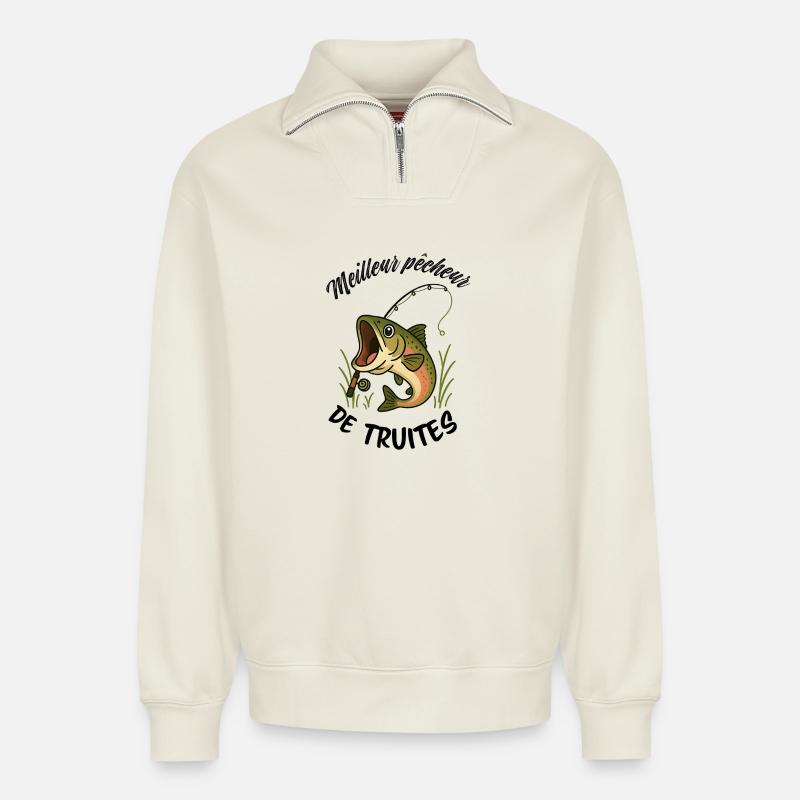 Bester Forellenangler - Relaxed Unisex Organic Half Zip Sweatshirt – von SPREAD - Naturweiß