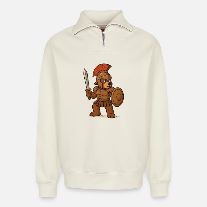 Sparta Bear Gladiator - Relaxed Unisex Organic Half Zip Sweatshirt – by SPREAD - off white