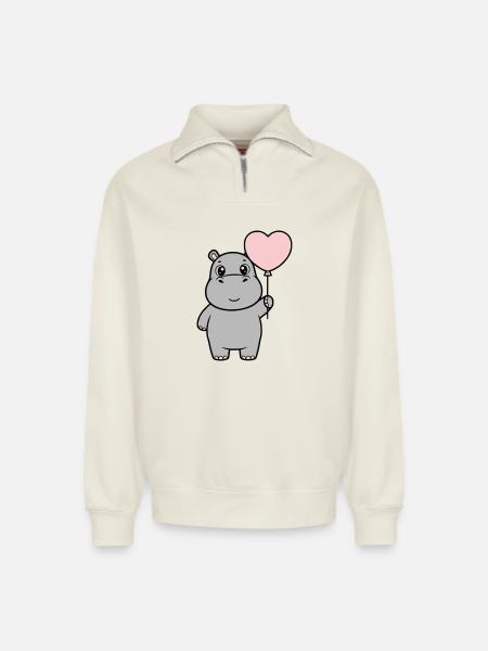 Süßes Nilpferd Herz Ballon Liebe - Relaxed Unisex Organic Half Zip Sweatshirt – von SPREAD - Naturweiß