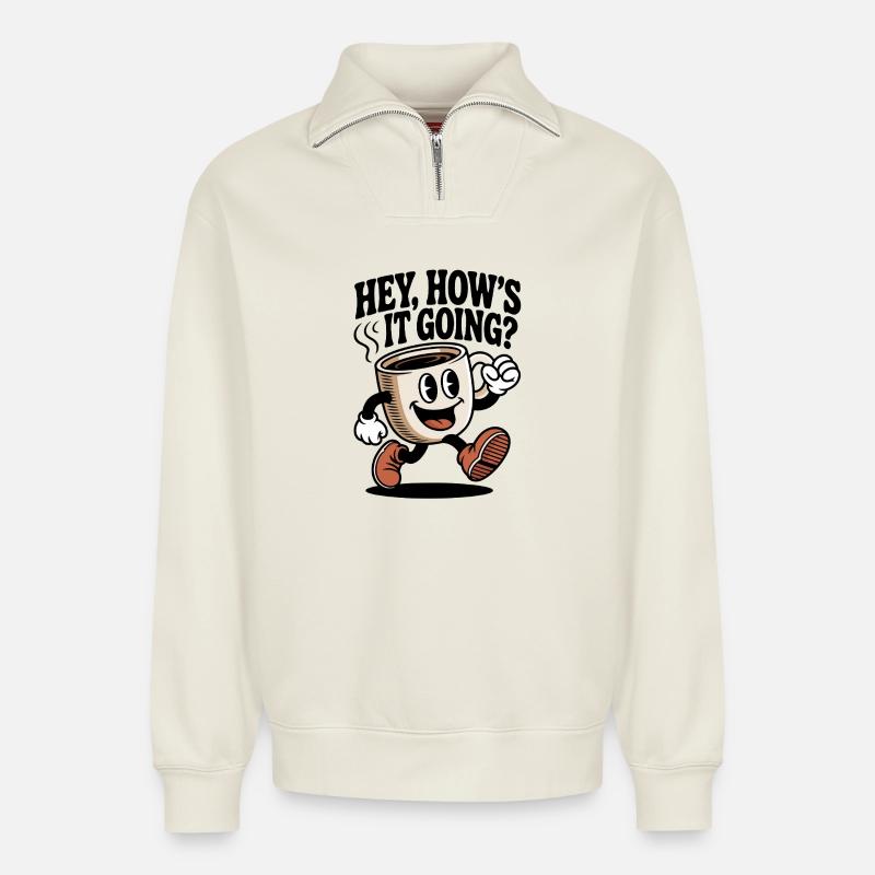 Kaffee  Cartoon Becher - Relaxed Unisex Organic Half Zip Sweatshirt – von SPREAD - Naturweiß