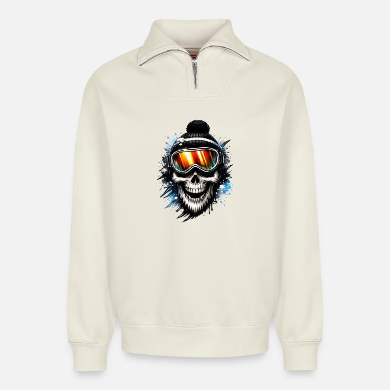 Skull Snowboarder mit Snowboardbrille - Relaxed Unisex Organic Half Zip Sweatshirt – von SPREAD - Naturweiß