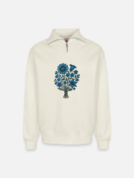 Blue Flower Bouquet - Relaxed Unisex Organic Half Zip Sweatshirt – by SPREAD - off white