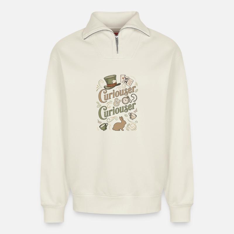 Alice Immer Neugieriger ("Curiouser") - Relaxed Unisex Organic Half Zip Sweatshirt – von SPREAD - Naturweiß