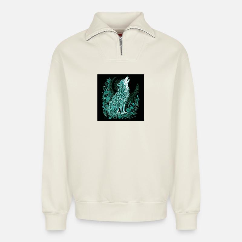 Mondwolf Linienstil mit Flora - Relaxed Unisex Organic Half Zip Sweatshirt – von SPREAD - Naturweiß