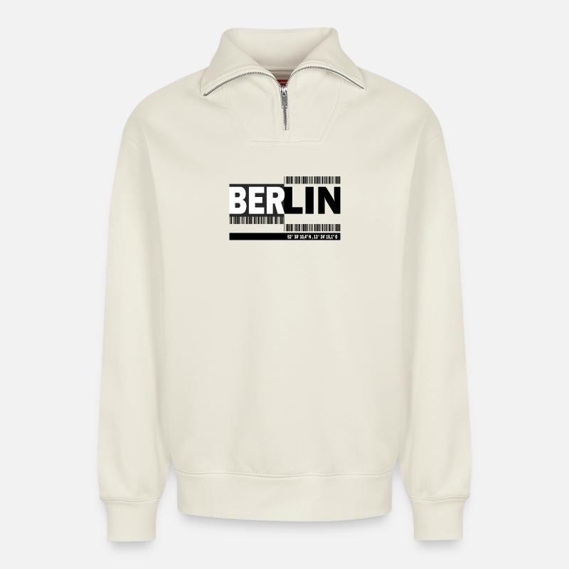 BERLIN - code-barres - Sweat unisexe décontracté en coton biologique à demi-zip – de SPREAD - blanc cassé