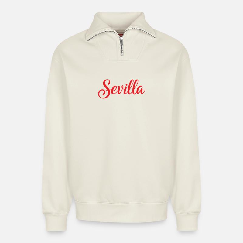 Sevilla Script Rot Pinsel - Relaxed Unisex Organic Half Zip Sweatshirt – von SPREAD - Naturweiß