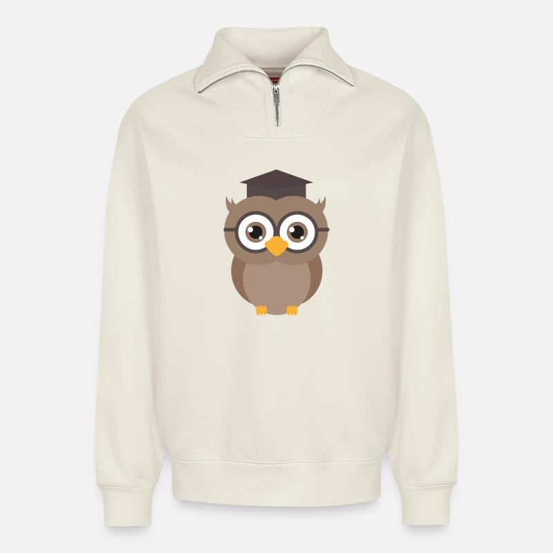 Abschluss Eule - Relaxed Unisex Organic Half Zip Sweatshirt – von SPREAD - Naturweiß