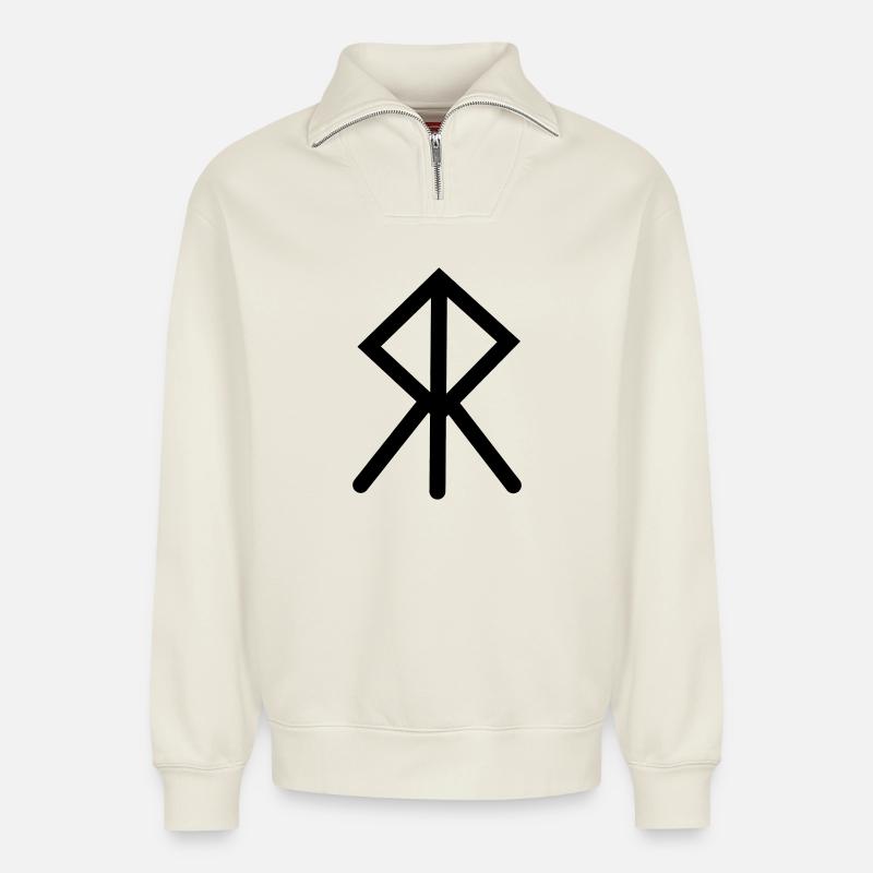 Moed Viking rune COURAGE - Relaxed Unisex Organic Half Zip Sweatshirt – by SPREAD - off white
