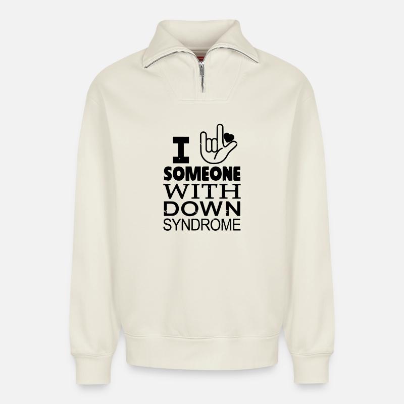 Amoureux du syndrome de Down - Sweat unisexe décontracté en coton biologique à demi-zip – de SPREAD - blanc cassé