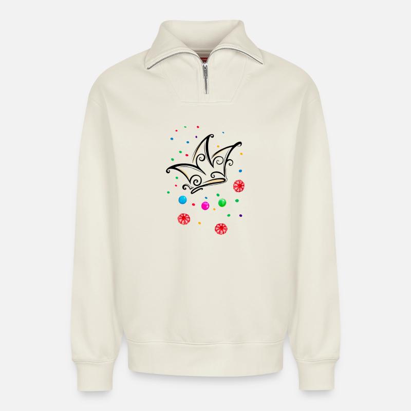 Fool's Cap Candy Camel - Relaxed Unisex Organic Half Zip Sweatshirt – by SPREAD - off white