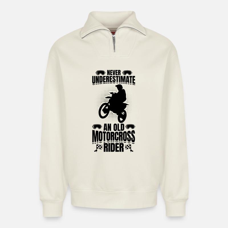 Papi motocross - Sweat unisexe décontracté en coton biologique à demi-zip – de SPREAD - blanc cassé