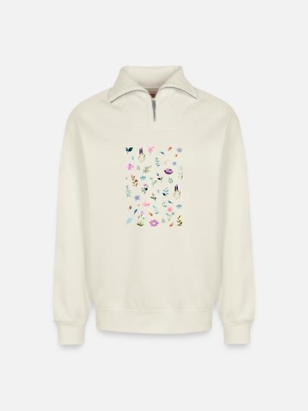 Aquarell Blumen auf Schwarz - Relaxed Unisex Organic Half Zip Sweatshirt – von SPREAD - Naturweiß