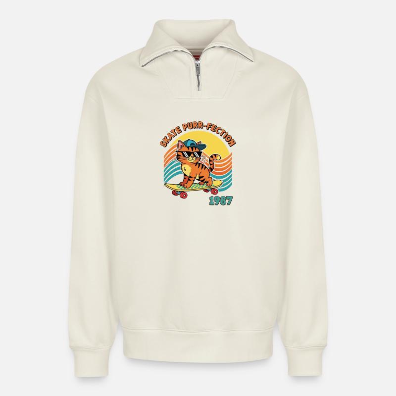 Skate cat - Relaxed Unisex Organic Half Zip Sweatshirt – von SPREAD - Naturweiß