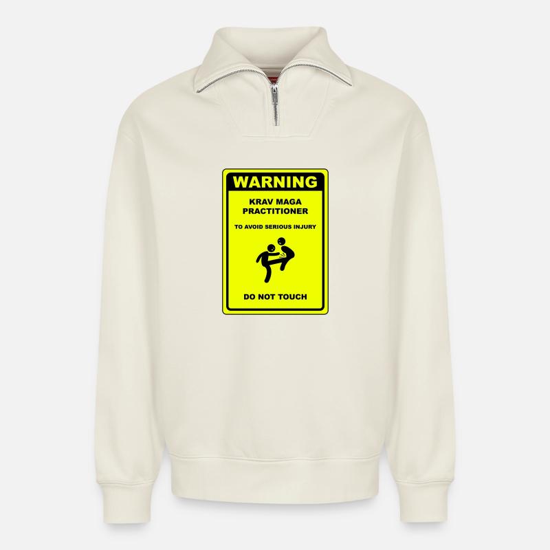 Warning! Krav Maga practitioner! - Relaxed Unisex Organic Half Zip Sweatshirt – by SPREAD - off white