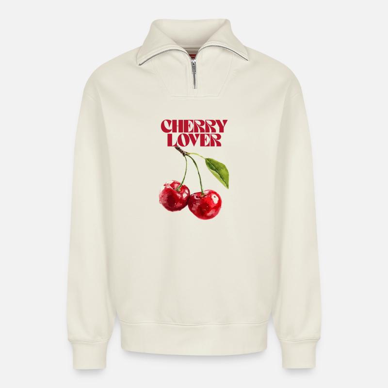 Cherry Lover Botanische Illustration - Relaxed Unisex Organic Half Zip Sweatshirt – von SPREAD - Naturweiß