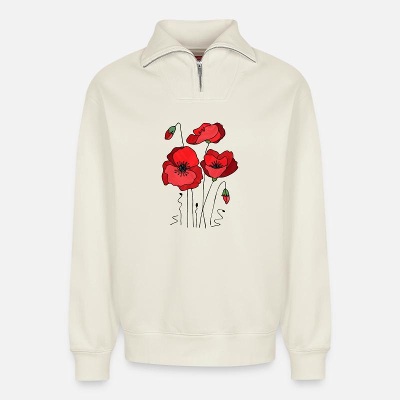 Blumen - Sweat unisexe décontracté en coton biologique à demi-zip – de SPREAD - blanc cassé