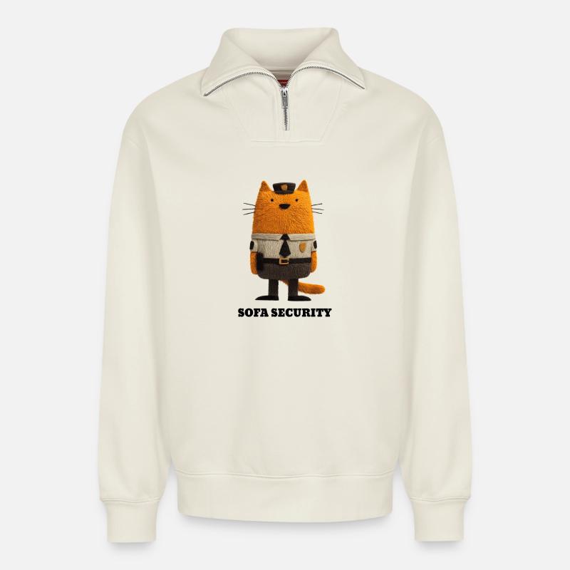 Cat in Security Look - Sofa Security - Relaxed Unisex Organic Half Zip Sweatshirt – by SPREAD - off white