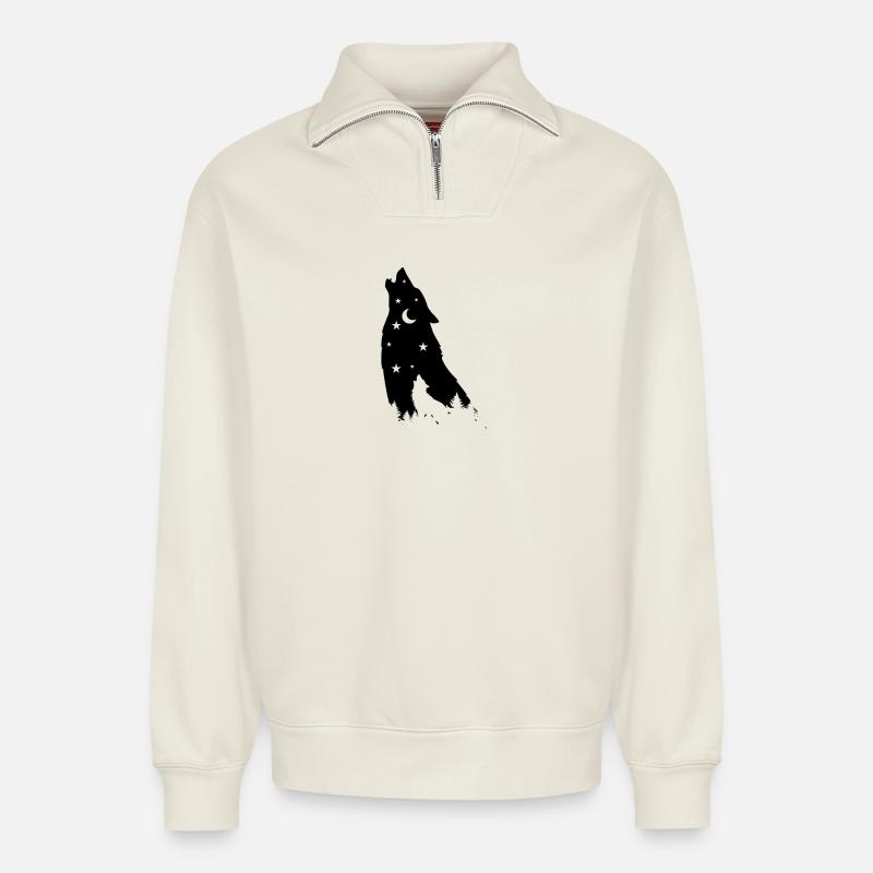Loup étoilé  - Sweat unisexe décontracté en coton biologique à demi-zip – de SPREAD - blanc cassé
