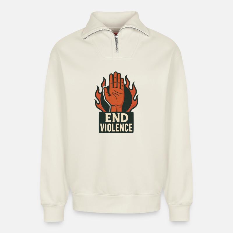Flammenhand gegen Gewalt - Relaxed Unisex Organic Half Zip Sweatshirt – von SPREAD - Naturweiß