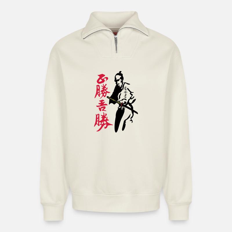 Bushi Night Hunter - Relaxed Unisex Organic Half Zip Sweatshirt – von SPREAD - Naturweiß