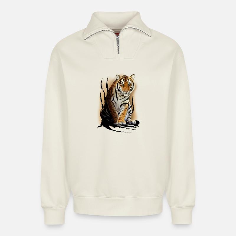 Tiger im Dschungel - Relaxed Unisex Organic Half Zip Sweatshirt – von SPREAD - Naturweiß