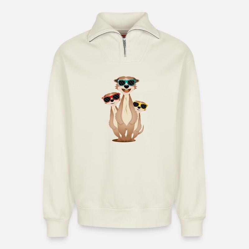 coole Erdmännchen Gruppe mit Sonnenbrillen - Relaxed Unisex Organic Half Zip Sweatshirt – von SPREAD - Naturweiß