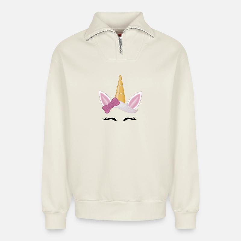 Einhorn - Relaxed Unisex Organic Half Zip Sweatshirt – von SPREAD - Naturweiß
