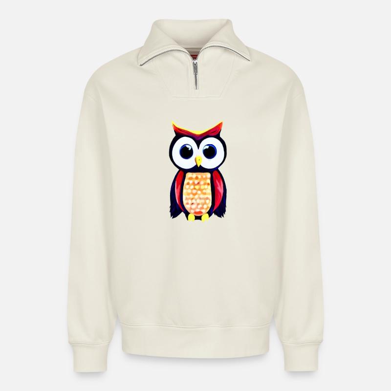 Eule mit großen neugierigen Augen - Relaxed Unisex Organic Half Zip Sweatshirt – von SPREAD - Naturweiß