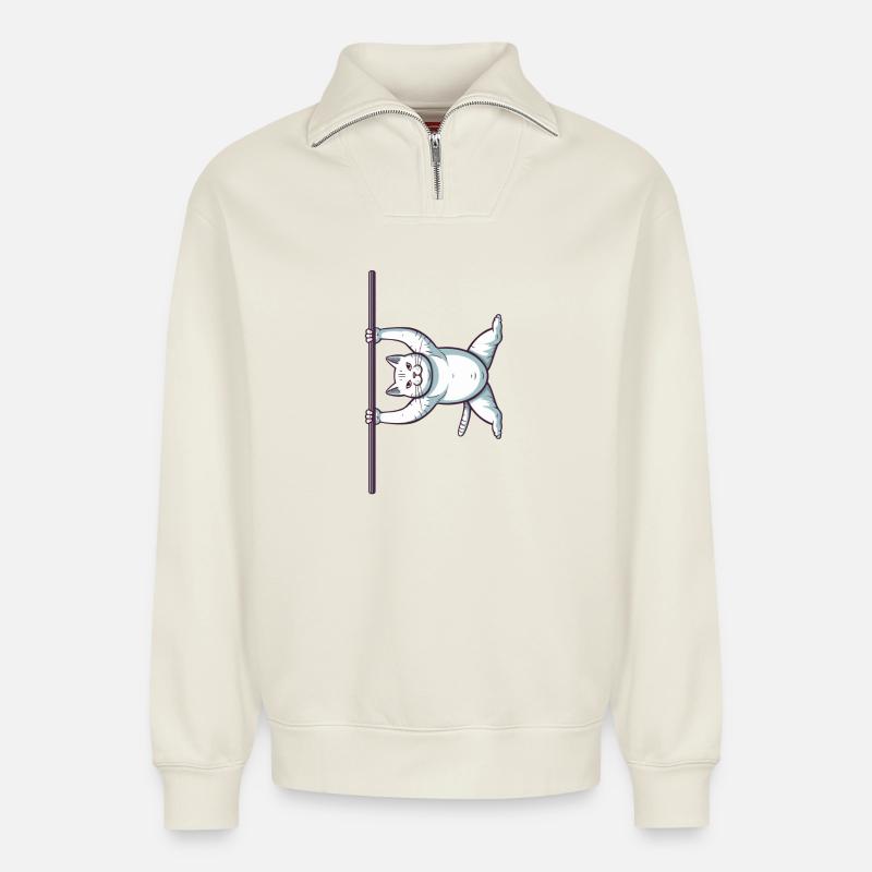 Weiße Comic Katze im Iron X - Relaxed Unisex Organic Half Zip Sweatshirt – von SPREAD - Naturweiß